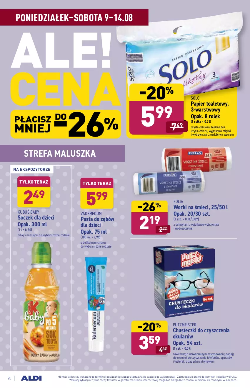 Gazetka promocyjna Aldi - ważna 09.08 do 14.08.2021 - strona 20 - produkty: Chusteczki, Chusteczki do czyszczenia, Dzieci, Fa, Kubuś, Papier, Papier toaletowy, Pasta do zębów, Putzmeister, Telefon, Tera, Vademecum, Worki na śmiec, Worki na śmieci