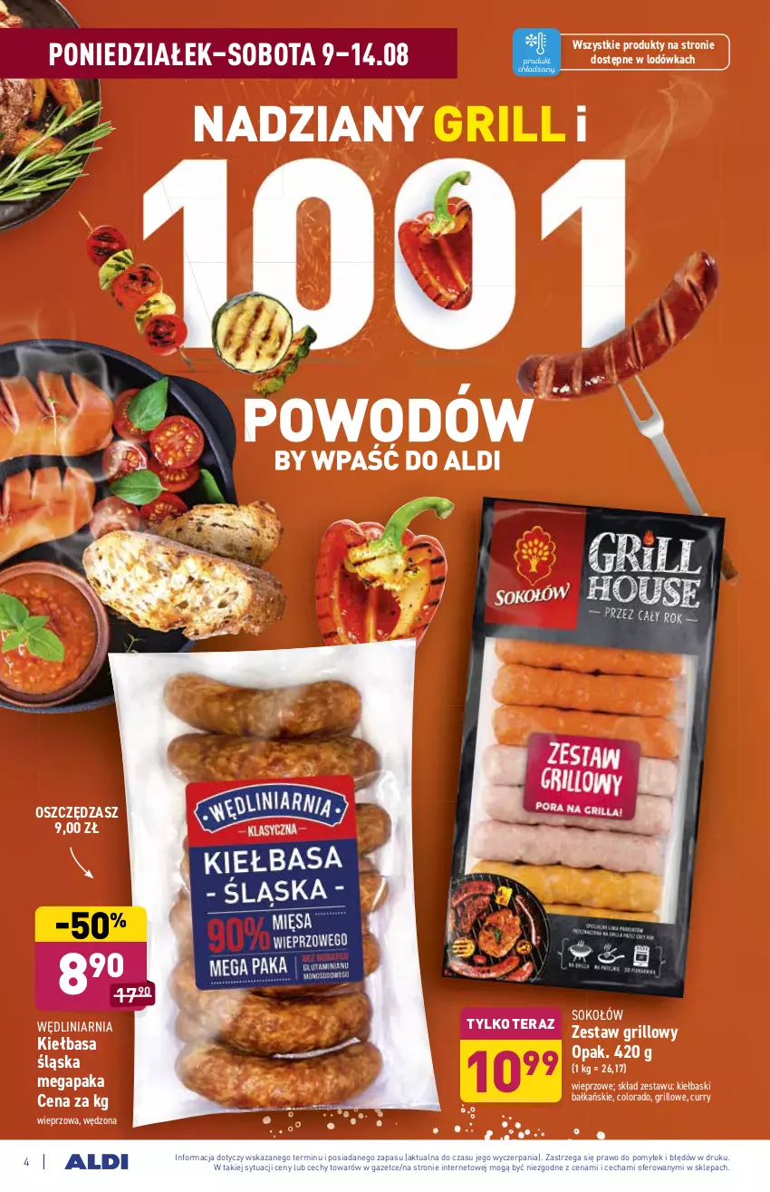 Gazetka promocyjna Aldi - ważna 09.08 do 14.08.2021 - strona 4 - produkty: Grill, Kiełbasa, Kiełbasa śląska, Lodówka, Sok, Sokołów, Tera