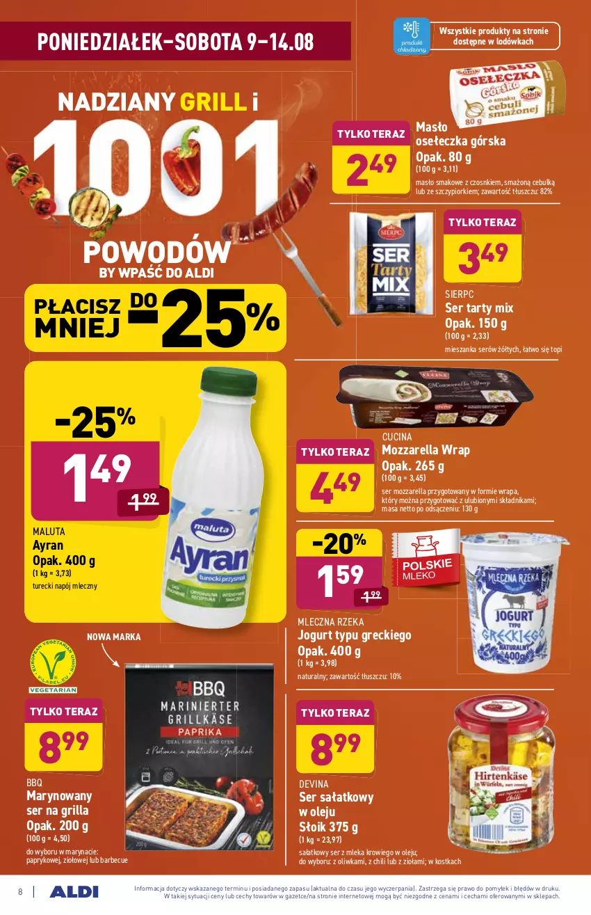 Gazetka promocyjna Aldi - ważna 09.08 do 14.08.2021 - strona 8 - produkty: Grill, Jogurt, Lodówka, Masło, Mleczna Rzeka, Mozzarella, Napój, Napój mleczny, Olej, Sałat, Ser, Tera, Top