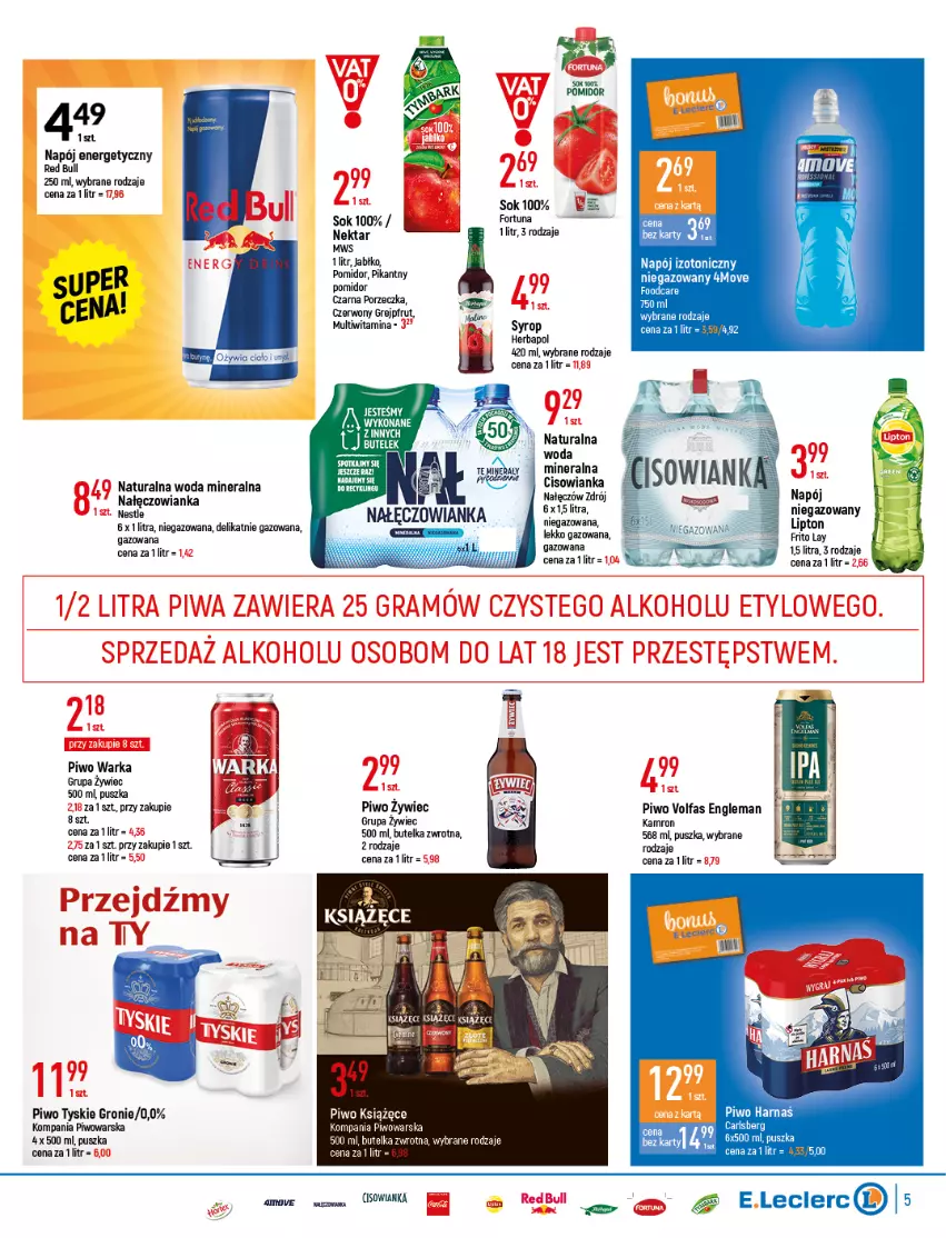 Gazetka promocyjna E Leclerc - ważna 08.03 do 19.03.2022 - strona 5 - produkty: Fa, Fortuna, Grejpfrut, Harnaś, Herbapol, Książęce, Nałęczowianka, Napój, Napój energetyczny, Napój izotoniczny, Nektar, Piwo, Por, Red Bull, Sok, Syrop, Tyskie, Warka, Woda, Woda mineralna