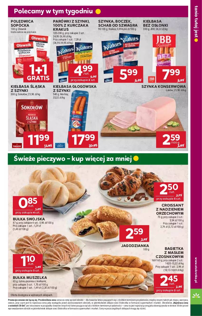 Gazetka promocyjna Stokrotka - Supermarket - ważna 21.08 do 27.08.2025 - strona 17 - produkty: Bagietka, Boczek, Bułka, Croissant, Gra, Jagodzianka, Kiełbasa, Kiełbasa głogowska, Kiełbasa śląska, Krakus, Kurczak, Mięso, Morliny, Mus, Olewnik, Owoce, Parówki, Parówki z szynki, Piec, Pieczywo, Polędwica, Ser, Sok, Sokołów, Szynka, Szynka konserwowa, Warzywa