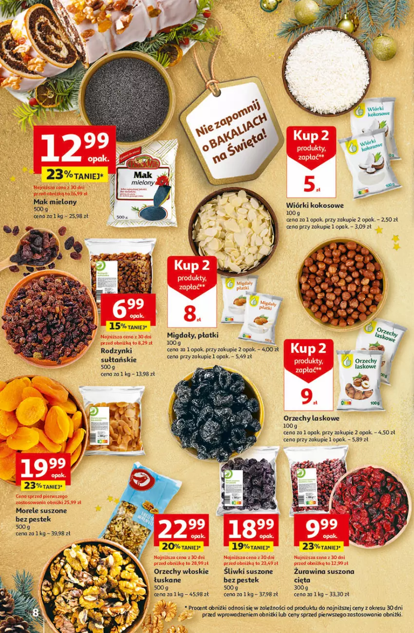 Gazetka promocyjna Auchan - Gazetka Magia Świąt Część 3 Hipermarket Auchan - ważna 30.11 do 06.12.2023 - strona 8 - produkty: Kokos, Mak mielony, Migdały, Orzechy włoskie, Rodzynki, Stek, Wiórki kokosowe