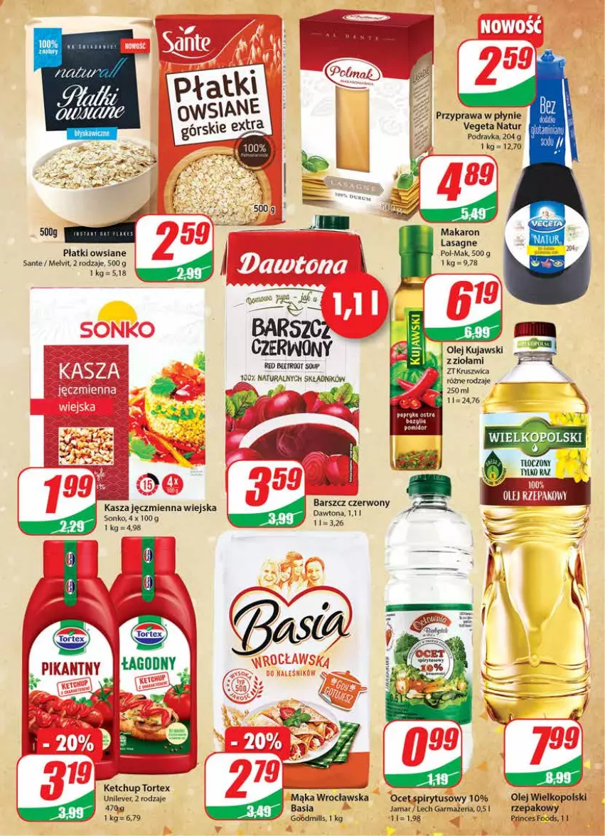 Gazetka promocyjna Dino - Gazetka - ważna 29.12.2021 do 04.01.2022 - strona 7 - produkty: Basia, Dawtona, Kasza, Kasza jęczmienna, Ketchup, Kujawski, Lasagne, Mąka, Ocet, Olej, Płatki owsiane, Podravka, Przyprawa w płynie, Sante, Sonko, Vegeta, Vegeta Natur