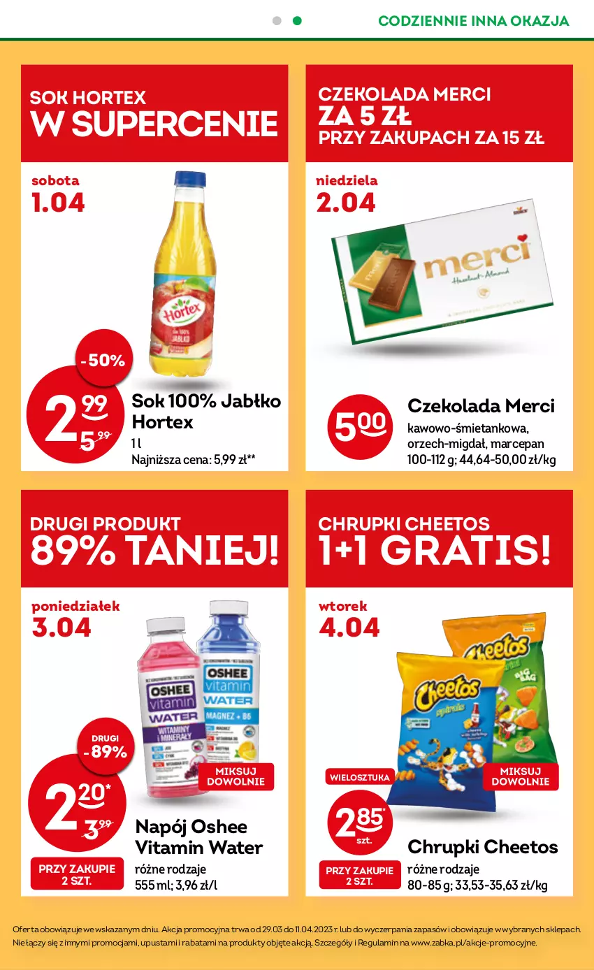 Gazetka promocyjna Żabka - ważna 29.03 do 11.04.2023 - strona 5 - produkty: Cheetos, Chrupki, Czekolada, Gra, Hortex, Merci, Napój, Oshee, Sok