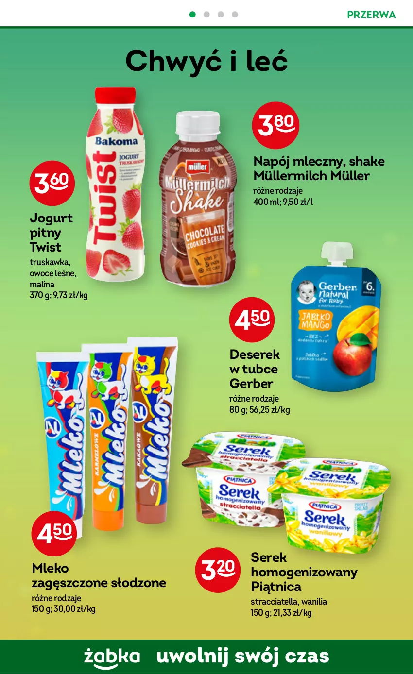 Gazetka promocyjna Żabka - ważna 29.03 do 11.04.2023 - strona 52 - produkty: Deser, Gerber, Jogurt, Jogurt pitny, Mleko, Mleko zagęszczone, Müller, Müllermilch, Napój, Napój mleczny, Owoce, Piątnica, Ser, Serek