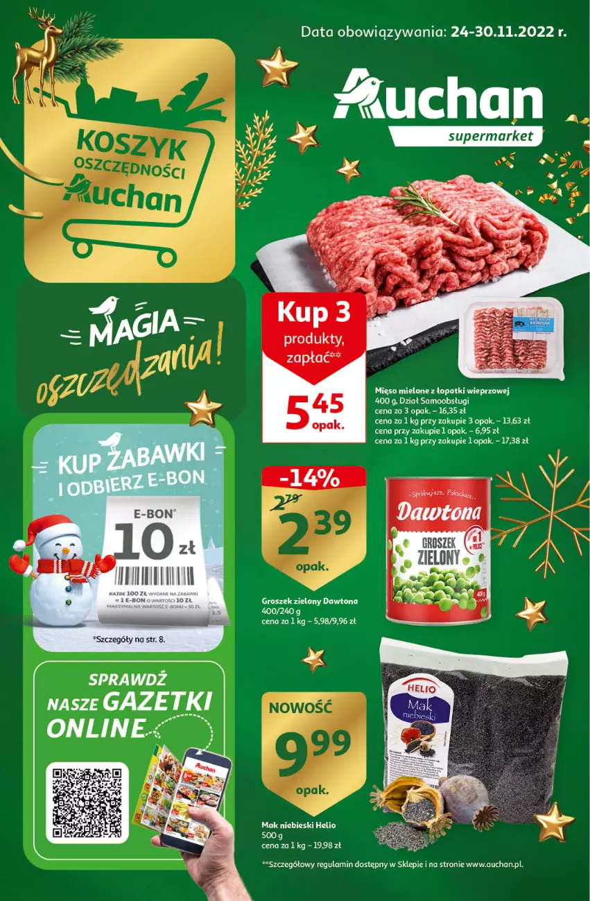 Gazetka promocyjna Auchan - Gazetka Magia Oszczędzania Auchan Supermarket - ważna 24.11 do 30.11.2022 - strona 1 - produkty: Dawtona, Groszek, Helio, Koc, Mięso, Mięso mielone, Mięso mielone z łopatki wieprzowej, Ser