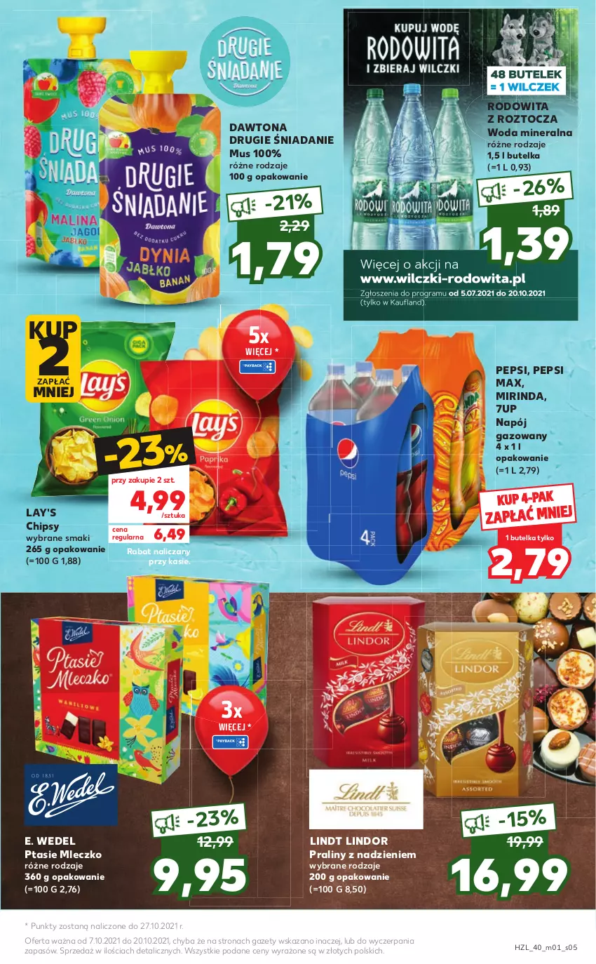 Gazetka promocyjna Kaufland - 20 lat Kauflandu - ważna 07.10 do 20.10.2021 - strona 5 - produkty: 7up, Chipsy, Dawtona, E. Wedel, Lindor, Lindt, Mirinda, Mleczko, Mus, Napój, Napój gazowany, Pepsi, Pepsi max, Praliny, Ptasie mleczko, Woda, Woda mineralna