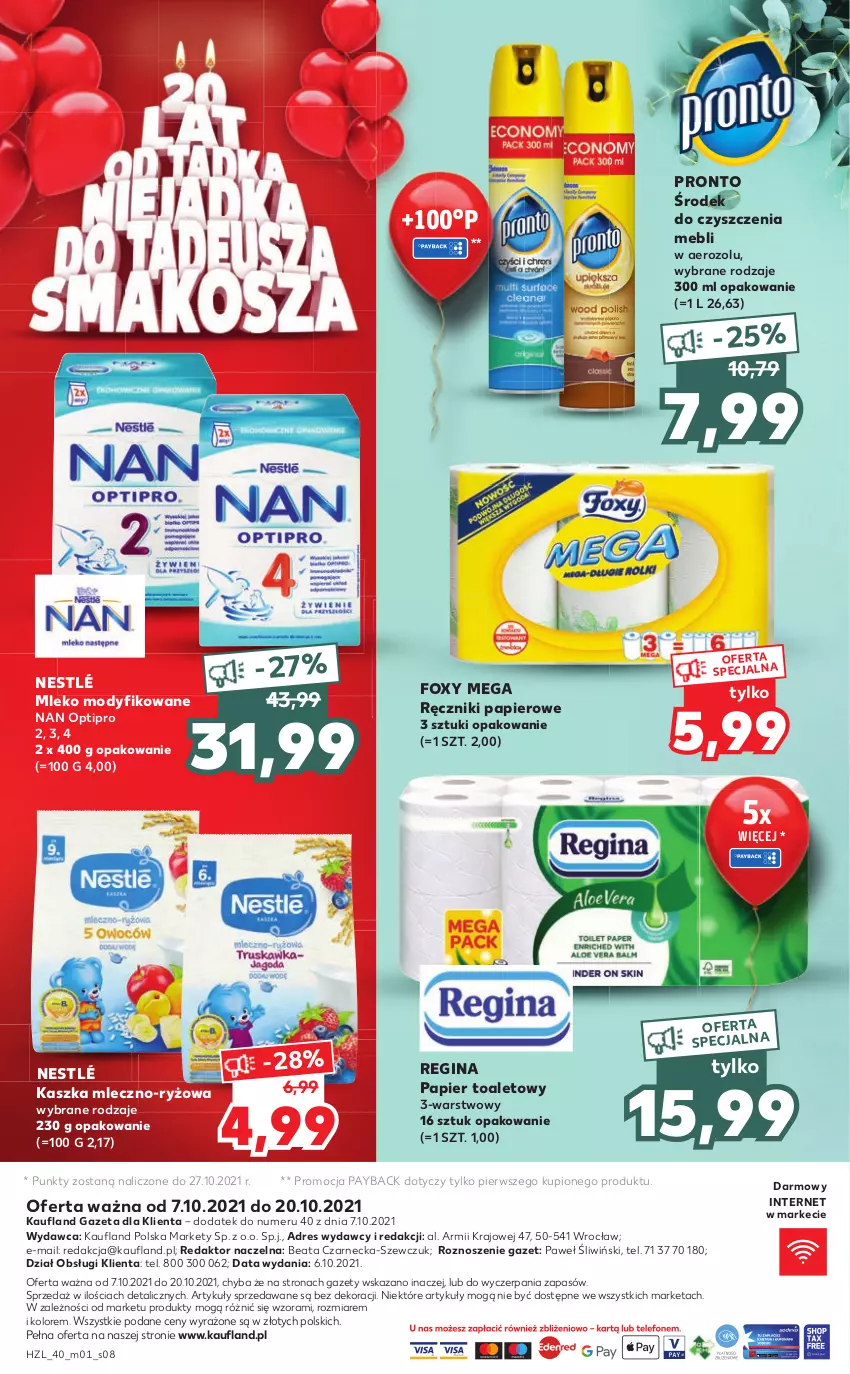 Gazetka promocyjna Kaufland - 20 lat Kauflandu - ważna 07.10 do 20.10.2021 - strona 8 - produkty: Dres, Foxy, Gin, Mleko, Mleko modyfikowane, NAN Optipro, Nestlé, Papier, Papier toaletowy, Pronto, Ręcznik, Ręczniki papierowe, Ryż