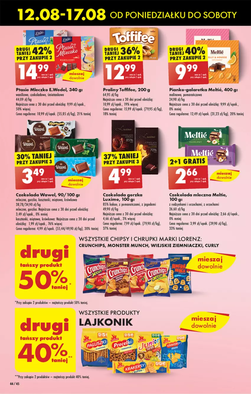 Gazetka promocyjna Biedronka - Od poniedzialku - ważna 12.08 do 17.08.2024 - strona 48 - produkty: Chipsy, Chrupki, Crunchips, Czekolada, Czekolada gorzka, Czekolada mleczna, Gala, Galaretka, Kakao, Kosz, Lajkonik, Lorenz, Mleczko, Monster Munch, Praliny, Ptasie mleczko, Toffifee, Wawel