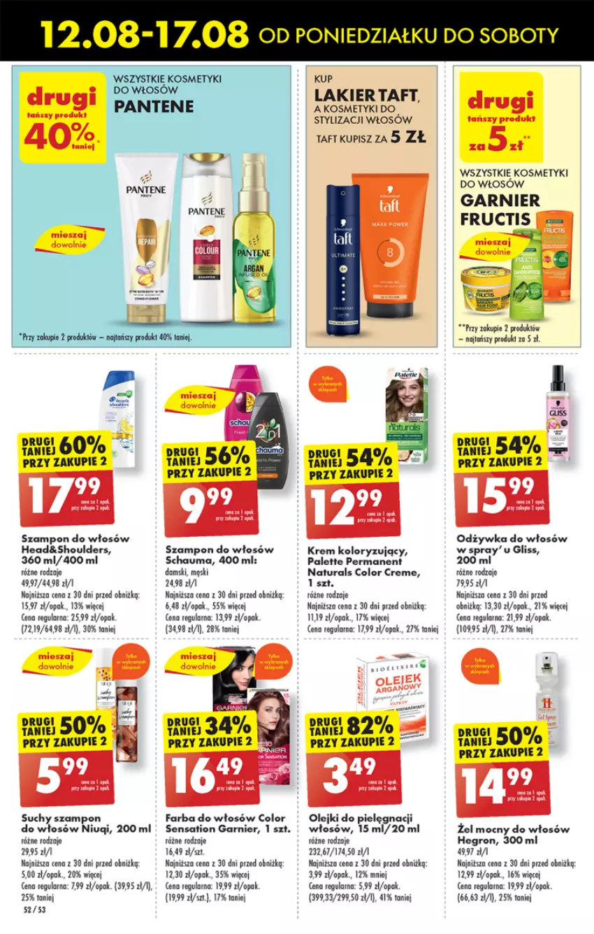 Gazetka promocyjna Biedronka - Od poniedzialku - ważna 12.08 do 17.08.2024 - strona 60 - produkty: Color Creme, Fa, Farba do włosów, Garnier, Hegron, Lakier, Niuqi, Odzywka do włosów, Olej, Palette, Pantene, Sati, Schauma, Szampon, Taft