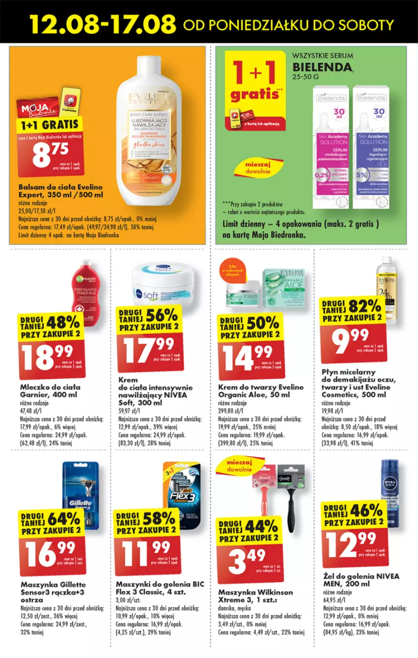 Gazetka promocyjna Biedronka - Od poniedzialku - ważna 12.08 do 17.08.2024 - strona 61 - produkty: Balsam do ciała, BIC, Dron, Eveline, Fa, Garnier, Gillette, Gra, Krem do twarzy, Maszynka, Mleczko, Mleczko do ciała, Nivea, Nivea Men, Rum, Ser, Serum, Szynka