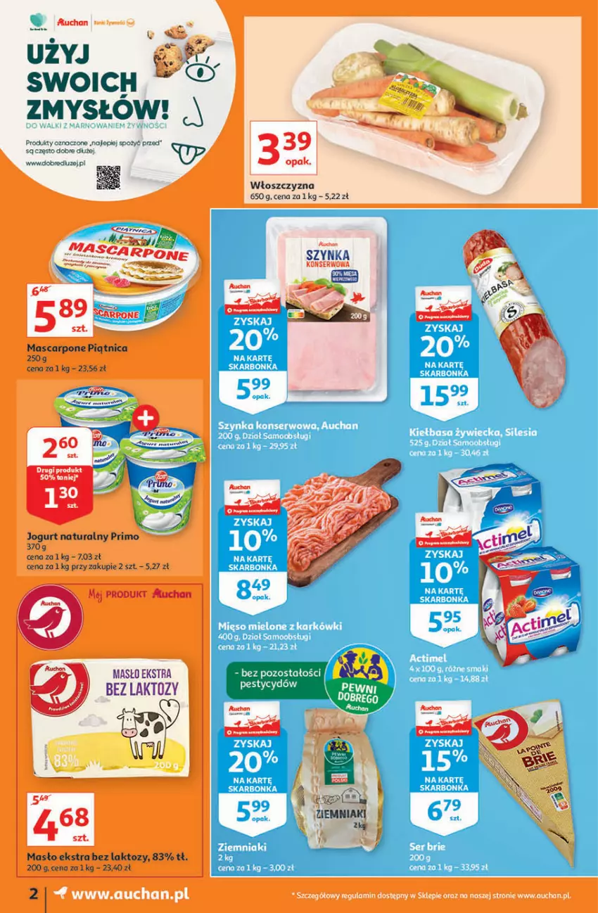 Gazetka promocyjna Auchan - Oszczędzanie z kartą Skarbonka Moje Auchan - ważna 07.10 do 13.10.2021 - strona 2 - produkty: Jogurt, Jogurt naturalny, Kiełbasa, Mascarpone, Masło, Mięso, Mięso mielone, Piątnica, Ser, Szynka, Szynka konserwowa, Ziemniaki