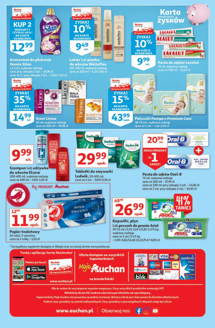 Gazetka promocyjna Auchan - Oszczędzanie z kartą Skarbonka Moje Auchan - ważna 07.10 do 13.10.2021 - strona 4 - produkty: Ariel, Elseve, Ludwik, Odżywka, Owoce, Papier, Papier toaletowy, Pasta do zębów, Pizza, Proszek do prania, Ser, Szampon, Wella, Wellaflex, Zmywarki