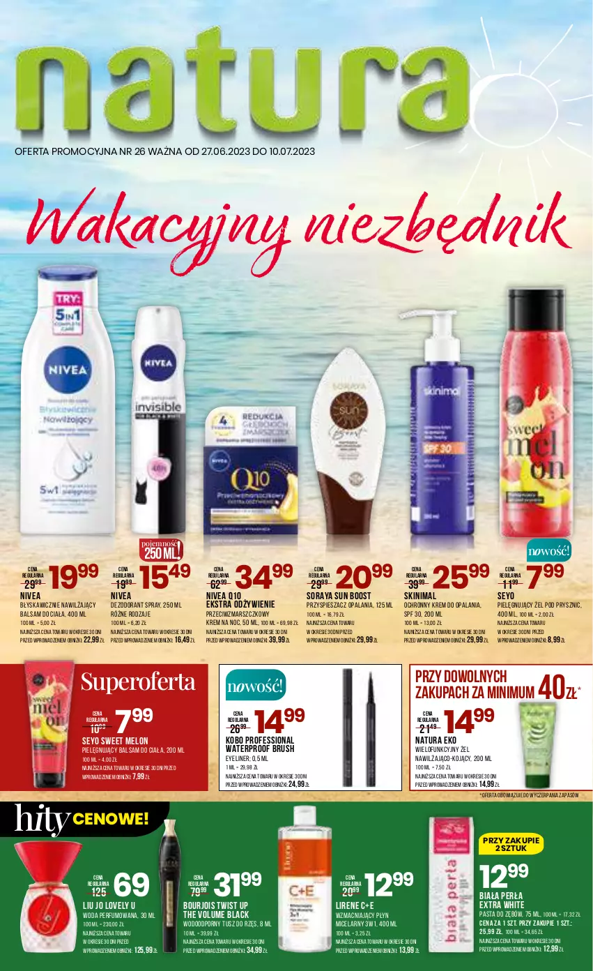 Gazetka promocyjna Drogerie Natura - Gazetka Drogerie Natura - ważna 27.06 do 10.07.2023 - strona 1 - produkty: Balsam do ciała, Bourjois, Dezodorant, KOBO, Krem na noc, Lack, Lirene, Lovely, Mars, Melon, Nawilżający balsam, Nivea, Nivea Q10, Ochronny krem, Pasta do zębów, Perfum, Perła, Płyn micelarny, Por, Tusz, Woda, Woda perfumowana