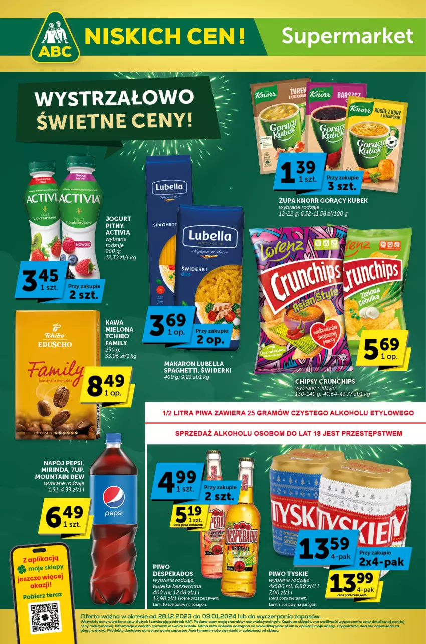 Gazetka promocyjna ABC - ważna 28.12.2023 do 09.01.2024 - strona 1 - produkty: 7up, Activia, Bell, Bella, Chipsy, Crunchips, Desperados, Gra, Jogurt, Jogurt pitny, Knorr, Lubella, Makaron, Mirinda, Napój, Pepsi, Piwa, Piwo, Spaghetti, Tyskie, Zupa