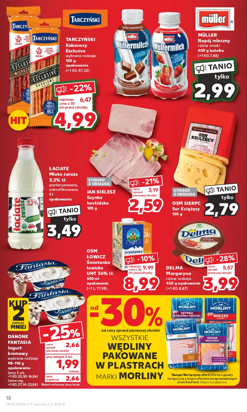 Gazetka promocyjna Kaufland - Gazetka tygodnia - ważna 24.08 do 30.08.2023 - strona 18 - produkty: Danone, Danone Fantasia, Delma, Fa, Fanta, Jogurt, Kabanos, Margaryna, Mleko, Morliny, Müller, Napój, Napój mleczny, Ser, Szynka, Tarczyński, Waga