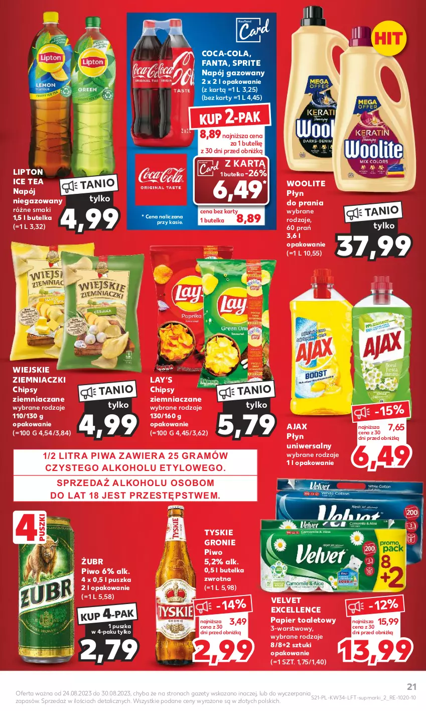 Gazetka promocyjna Kaufland - Gazetka tygodnia - ważna 24.08 do 30.08.2023 - strona 21 - produkty: Ajax, Chipsy, Coca-Cola, Fa, Fanta, Ice tea, Lay’s, Lipton, Napój, Napój gazowany, Napój niegazowany, Papier, Papier toaletowy, Piwa, Piwo, Płyn do prania, Sprite, Tyskie, Velvet, Woolite