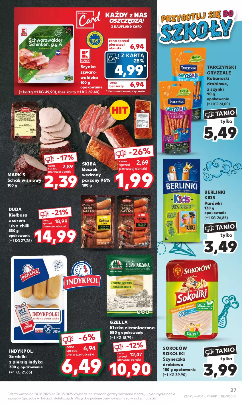 Gazetka promocyjna Kaufland - Gazetka tygodnia - ważna 24.08 do 30.08.2023 - strona 27 - produkty: Berlinki, Boczek, Duda, Gry, Kabanos, Kiełbasa, Parówki, Ser, Serdelki, Sok, Sokołów, Szynka, Tarczyński