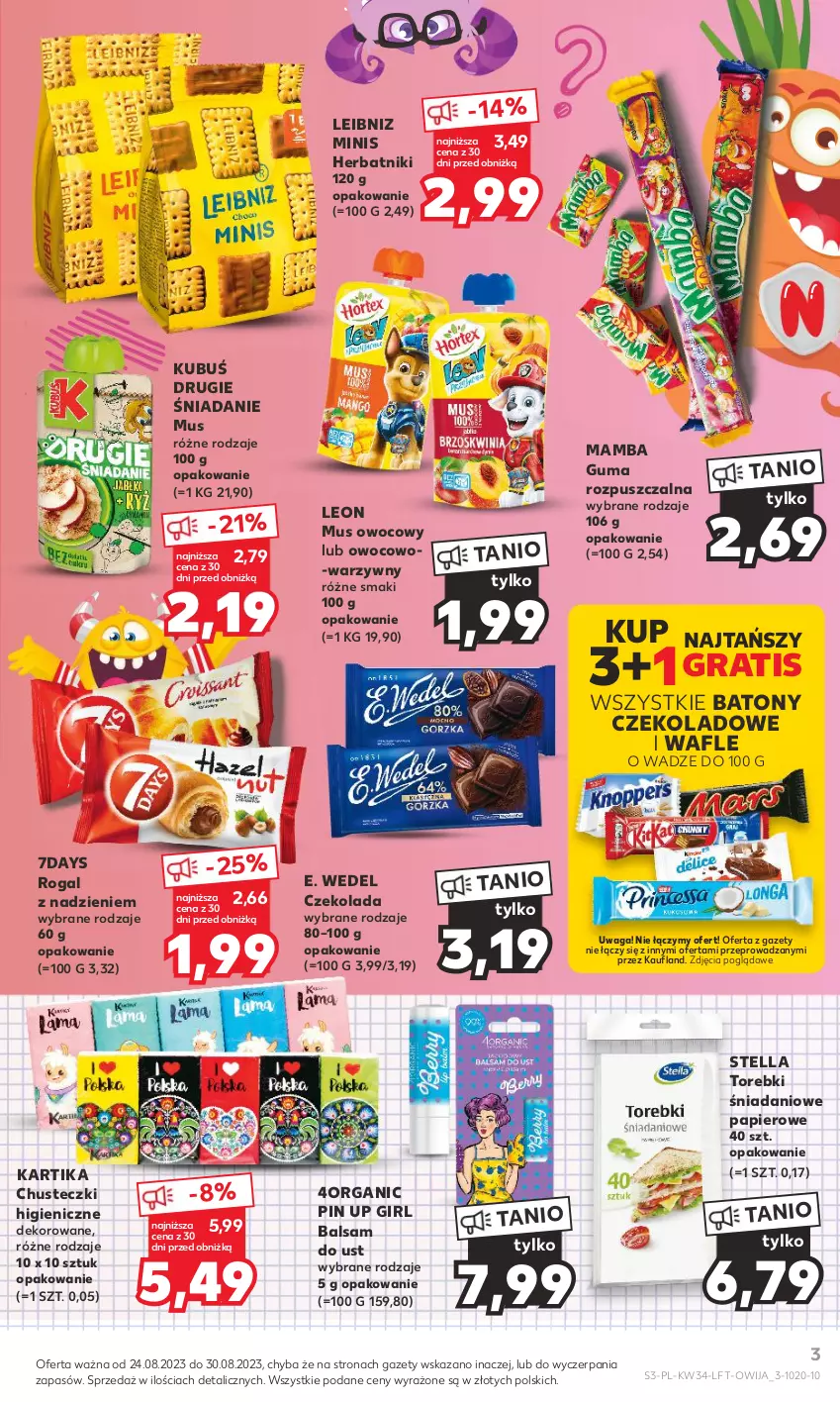 Gazetka promocyjna Kaufland - Gazetka tygodnia - ważna 24.08 do 30.08.2023 - strona 3 - produkty: Balsam do ust, Baton, Chusteczki, Czekolada, Danio, E. Wedel, Gra, Guma rozpuszczalna, Herbatniki, Kubuś, Leon, Mamba, Mus, Papier, Rogal, Wafle, Waga