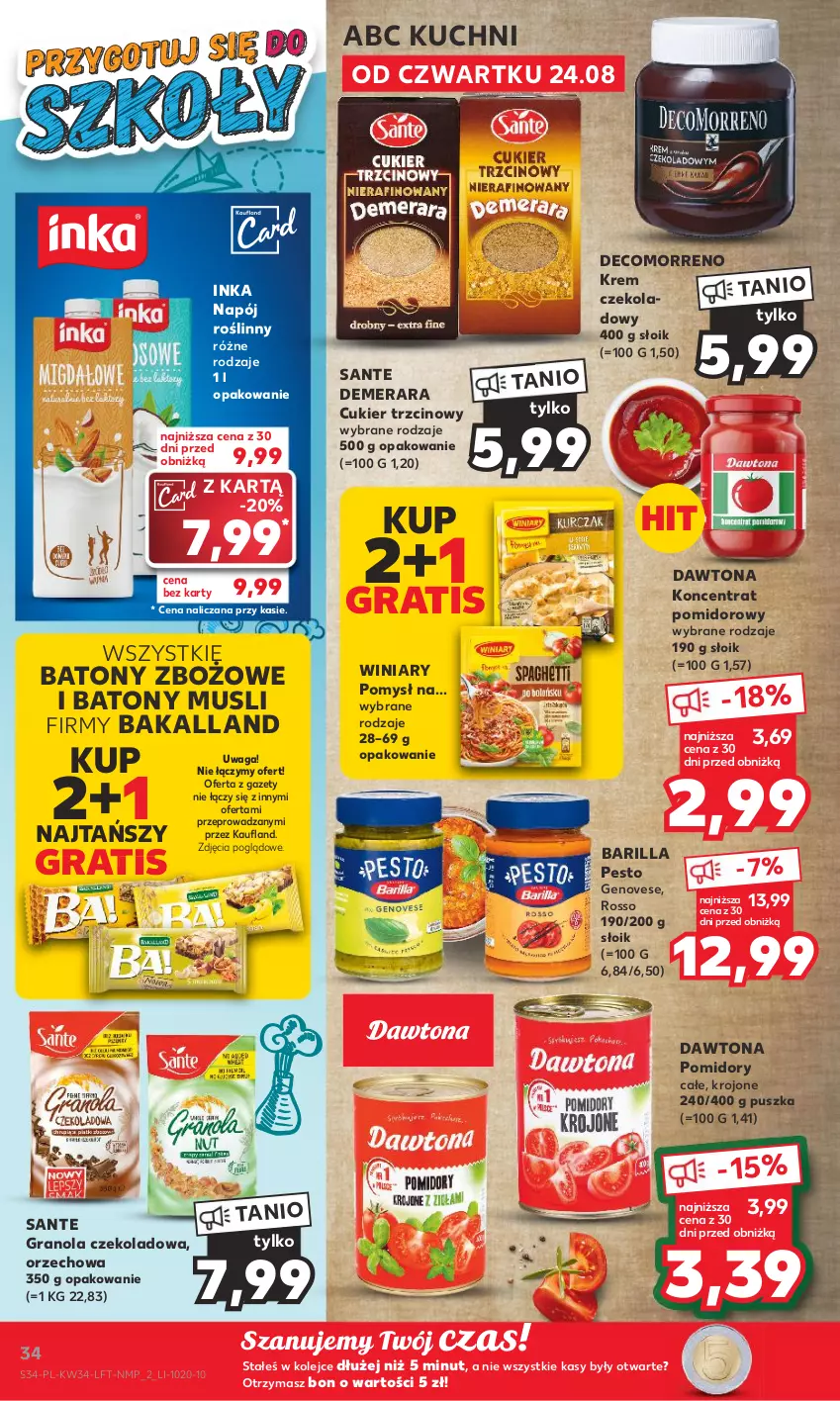 Gazetka promocyjna Kaufland - Gazetka tygodnia - ważna 24.08 do 30.08.2023 - strona 34 - produkty: Bakalland, Barilla, Baton, Cukier, Cukier trzcinowy, Dawtona, Gra, Granola, Inka, Koncentrat pomidorowy, Mus, Napój, Napój roślinny, Olej, Pesto, Pomidory, Sante, Waga, Winiary