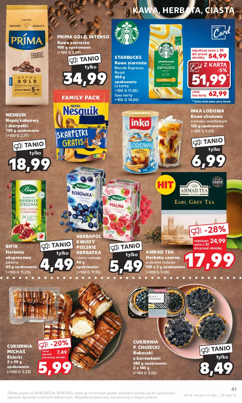 Gazetka promocyjna Kaufland - Gazetka tygodnia - ważna 24.08 do 30.08.2023 - strona 41 - produkty: Babeczki, Borówka, Cukier, Herbapol, Herbata, Herbata czarna, Inka, Kakao, Karp, Kawa, Kawa zbożowa, Kawa ziarnista, Napój, Nesquik, Prima, Skarpetki