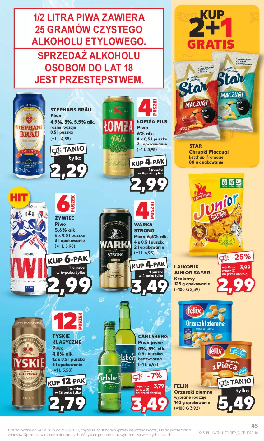 Gazetka promocyjna Kaufland - Gazetka tygodnia - ważna 24.08 do 30.08.2023 - strona 45 - produkty: Carlsberg, Chrupki, Fa, Felix, Gra, Ketchup, Krakersy, Lajkonik, Orzeszki, Orzeszki ziemne, Piwa, Piwo, Piwo jasne, Tyskie, Warka