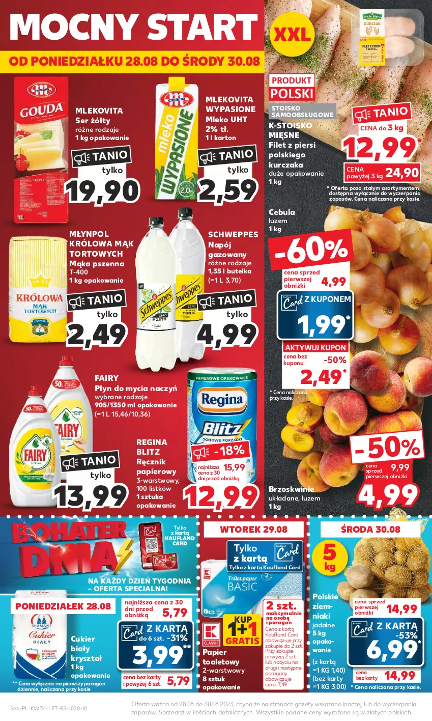 Gazetka promocyjna Kaufland - Gazetka tygodnia - ważna 24.08 do 30.08.2023 - strona 66 - produkty: Brzoskwinie, Cebula, Cukier, Do mycia naczyń, Fa, Fairy, Gin, Gra, Kurczak, Mąka, Mąka pszenna, Mleko, Mlekovita, Młynpol, Napój, Napój gazowany, Papier, Papier toaletowy, Płyn do mycia, Płyn do mycia naczyń, Ręcznik, Schweppes, Ser, Ziemniaki