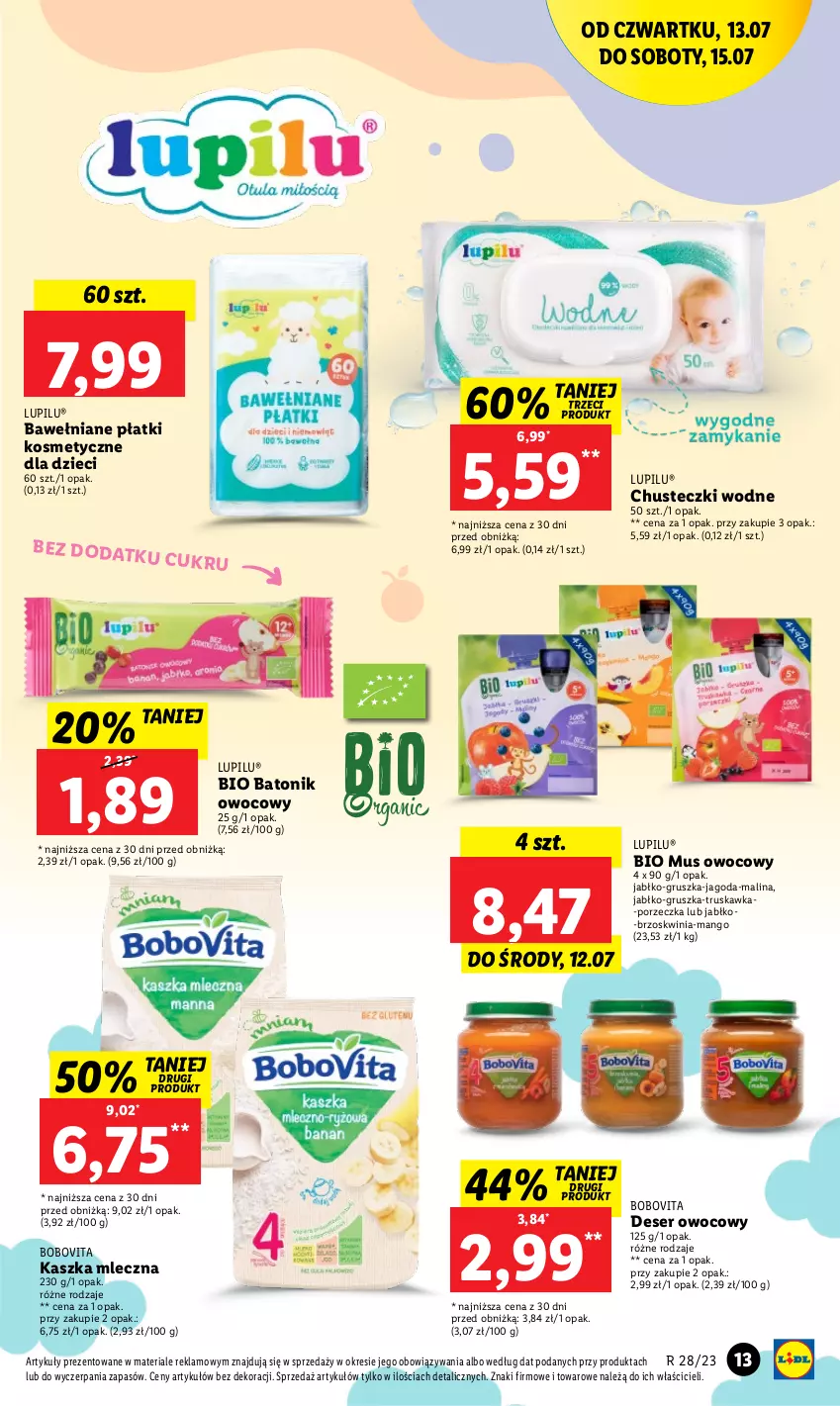 Gazetka promocyjna Lidl - GAZETKA - ważna 13.07 do 15.07.2023 - strona 33 - produkty: Baton, Bio Batonik, BoboVita, Chusteczki, Deser, Deser owocowy, Dzieci, Mango, Mus, Płatki kosmetyczne, Por, Ser, Tonik