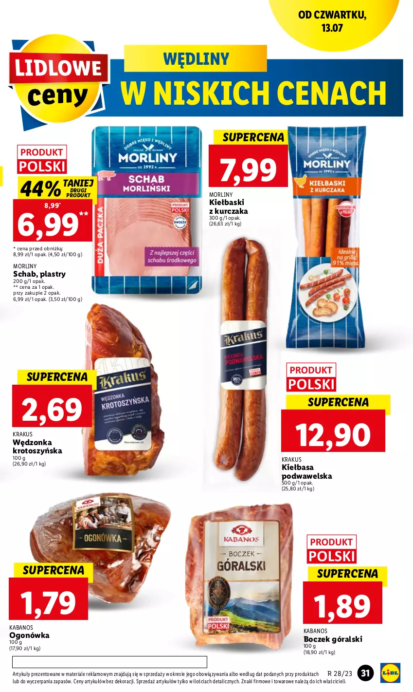 Gazetka promocyjna Lidl - GAZETKA - ważna 13.07 do 15.07.2023 - strona 45 - produkty: Boczek, Kabanos, Kiełbasa, Kiełbasa podwawelska, Krakus, Kurczak, Morliny, Ogonówka, Wawel