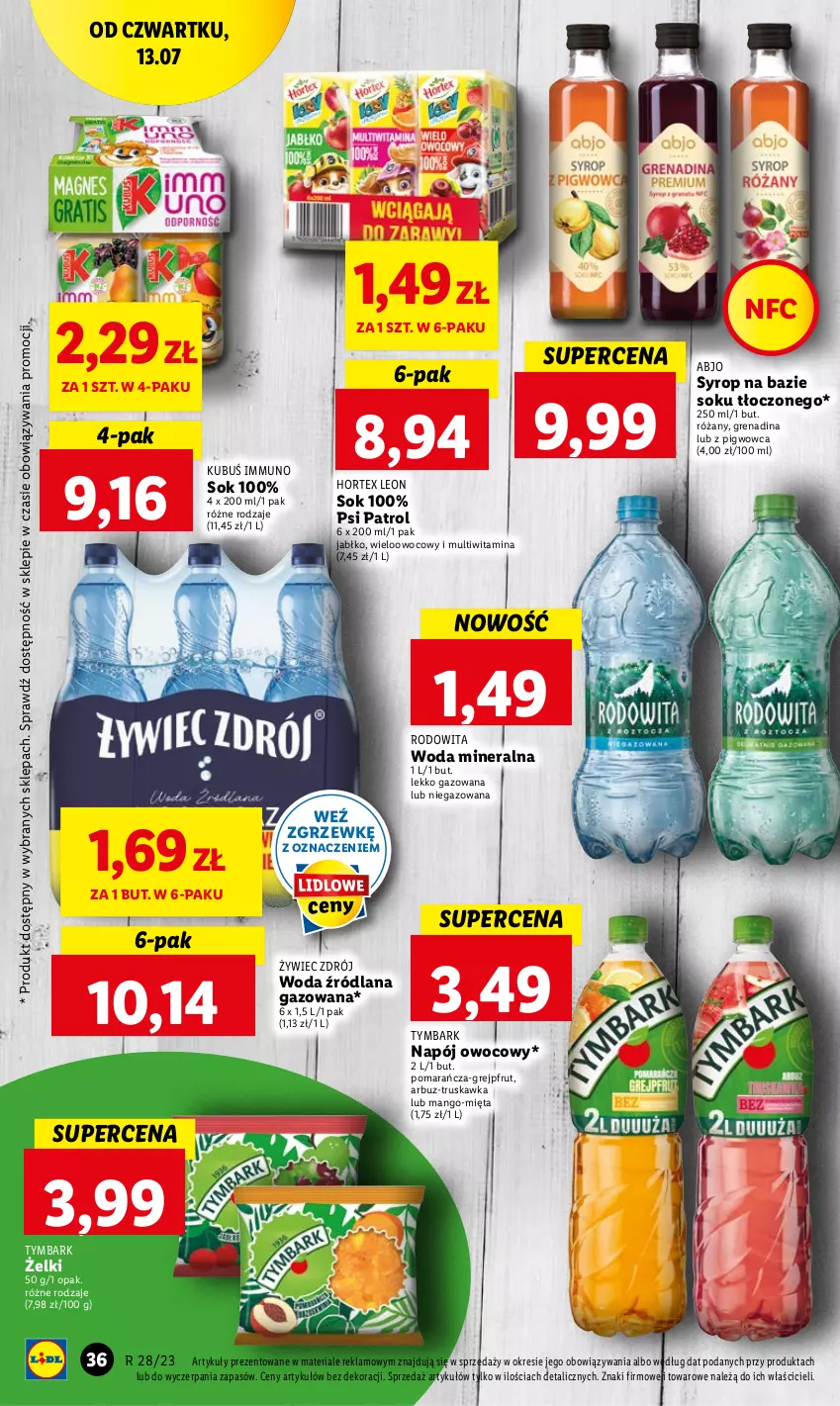 Gazetka promocyjna Lidl - GAZETKA - ważna 13.07 do 15.07.2023 - strona 50 - produkty: Arbuz, Grejpfrut, Hortex, Kubuś, LANA, Leon, Mango, Mięta, Napój, Psi Patrol, Róża, Sok, Syrop, Tymbark, Woda, Woda mineralna