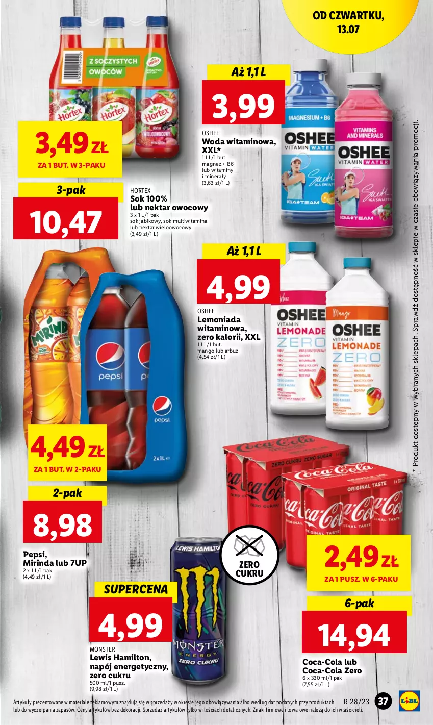 Gazetka promocyjna Lidl - GAZETKA - ważna 13.07 do 15.07.2023 - strona 51 - produkty: 7up, Arbuz, Coca-Cola, Hortex, Lemoniada, Magnez, Mango, Mirinda, Napój, Napój energetyczny, Nektar, Oshee, Pepsi, Sok, Sok jabłkowy, Woda