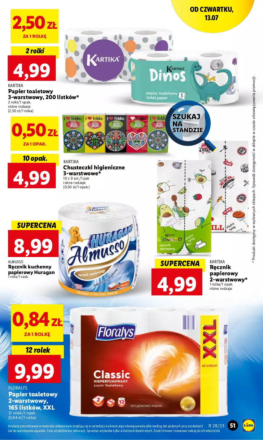 Gazetka promocyjna Lidl - GAZETKA - ważna 13.07 do 15.07.2023 - strona 65 - produkty: Chusteczki, Flora, Mus, Papier, Papier toaletowy, Ręcznik, Ręcznik kuchenny, Rolki