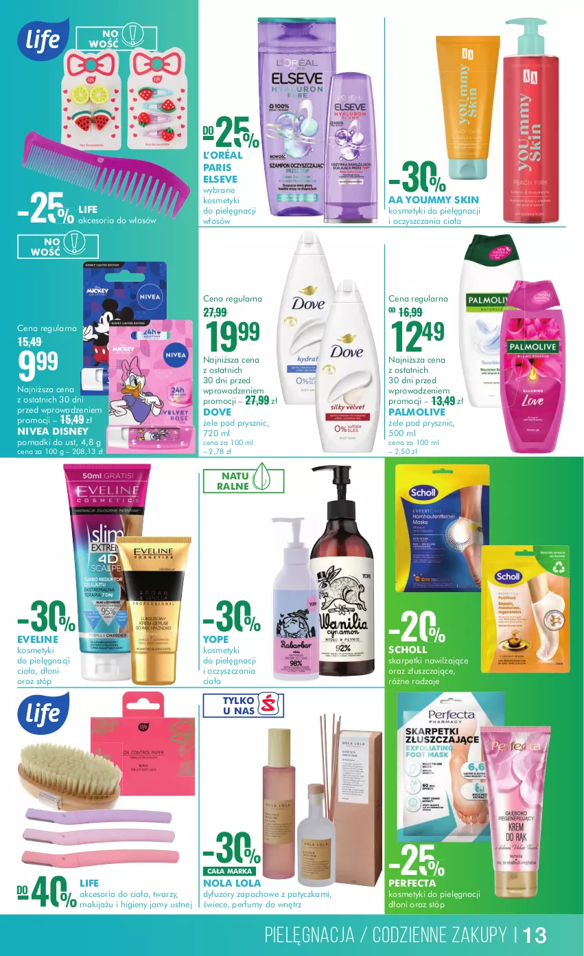 Gazetka promocyjna Super Pharm - Gazetka - ważna 27.06 do 10.07.2024 - strona 13 - produkty: Disney, Dove, Elseve, Eveline, Karp, Kosmetyki do pielęgnacji, L’Oréal, Makijaż, Nivea, Palmolive, Perfecta, Perfum, Scholl, Skarpetki, Yope