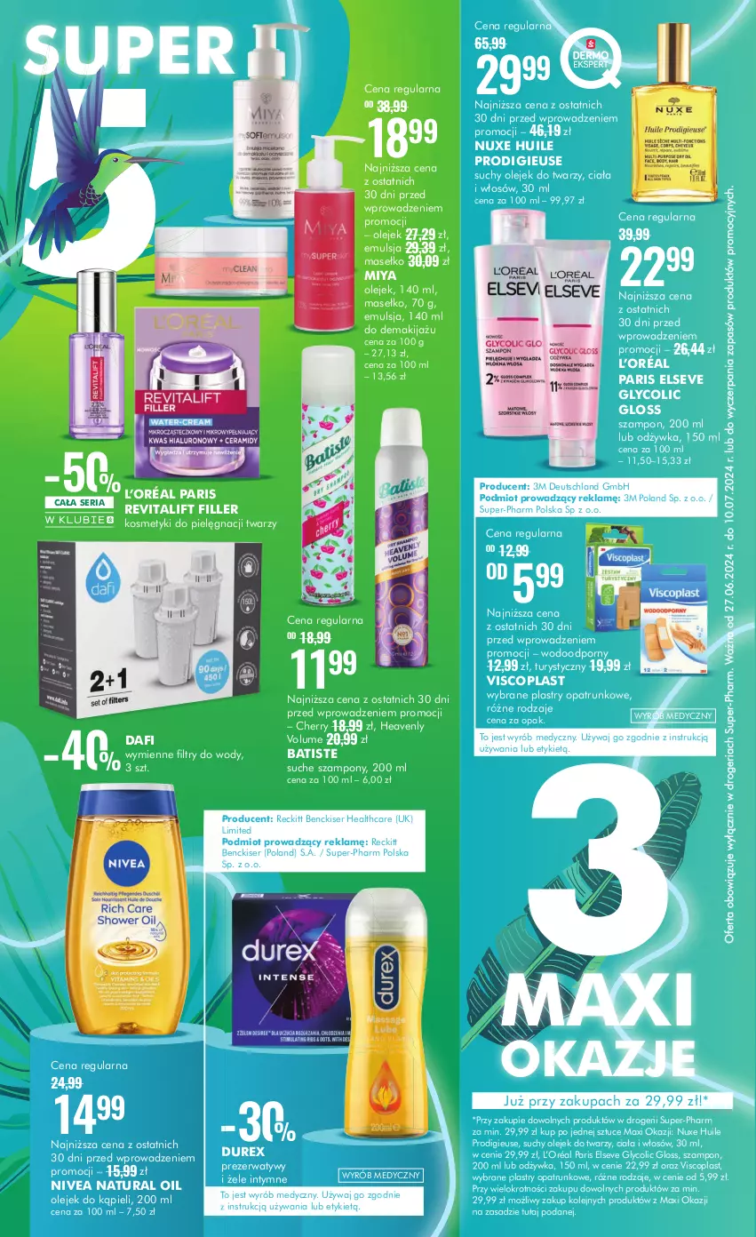 Gazetka promocyjna Super Pharm - Gazetka - ważna 27.06 do 10.07.2024 - strona 2 - produkty: Batiste, Durex, Elseve, Emulsja, Kosmetyki do pielęgnacji, L’Oréal, Makijaż, Nivea, Nuxe, Odżywka, Olej, Plastry opatrunkowe, Por, Prezerwatyw, Ser, Szampon, Viscoplast