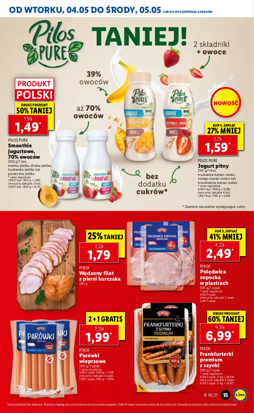 Gazetka promocyjna Lidl - GAZETKA - ważna 04.05 do 05.05.2021 - strona 15 - produkty: Filet z piersi kurczaka, Frankfurterki, Gra, Jogurt, Jogurt pitny, Kurczak, Mango, Parówki, PIKOK, Pilos, Polędwica, Por, Pur, Smoothie