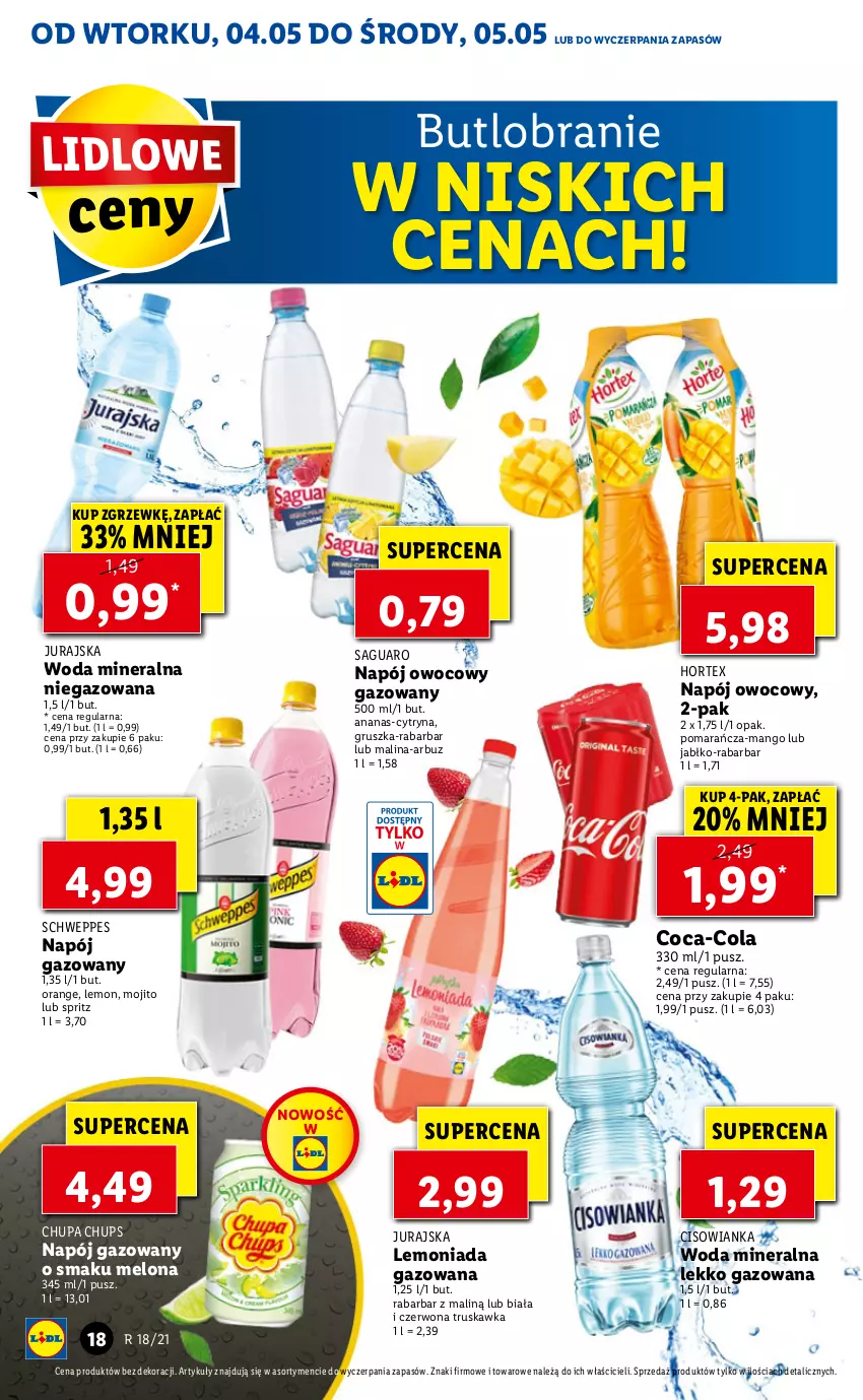 Gazetka promocyjna Lidl - GAZETKA - ważna 04.05 do 05.05.2021 - strona 18 - produkty: Ananas, Arbuz, Chupa Chups, Cisowianka, Coca-Cola, Hortex, Lemoniada, Mango, Melon, Napój, Napój gazowany, Schweppes, Woda, Woda mineralna