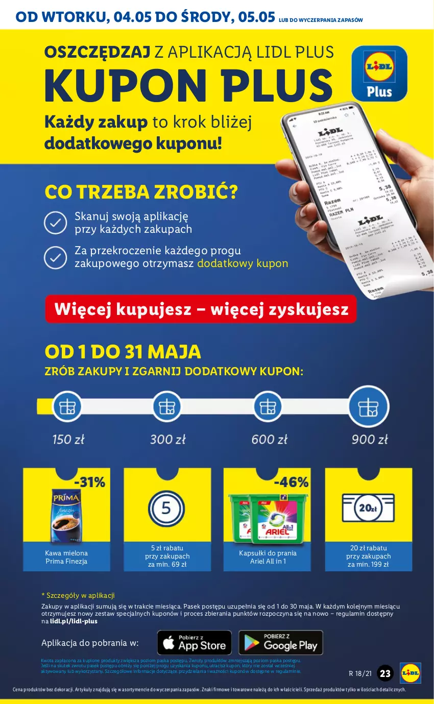 Gazetka promocyjna Lidl - GAZETKA - ważna 04.05 do 05.05.2021 - strona 23 - produkty: Ariel, Kapsułki do prania, Kawa, Kawa mielona, Olej, Pasek, Prima