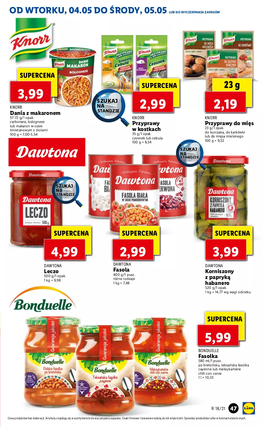 Gazetka promocyjna Lidl - GAZETKA - ważna 04.05 do 05.05.2021 - strona 47 - produkty: Bonduelle, Cebula, Czosnek, Dawtona, Fa, Fasola, Knorr, Korniszony, Kurczak, Makaron, Przyprawy, Sos, Wagi