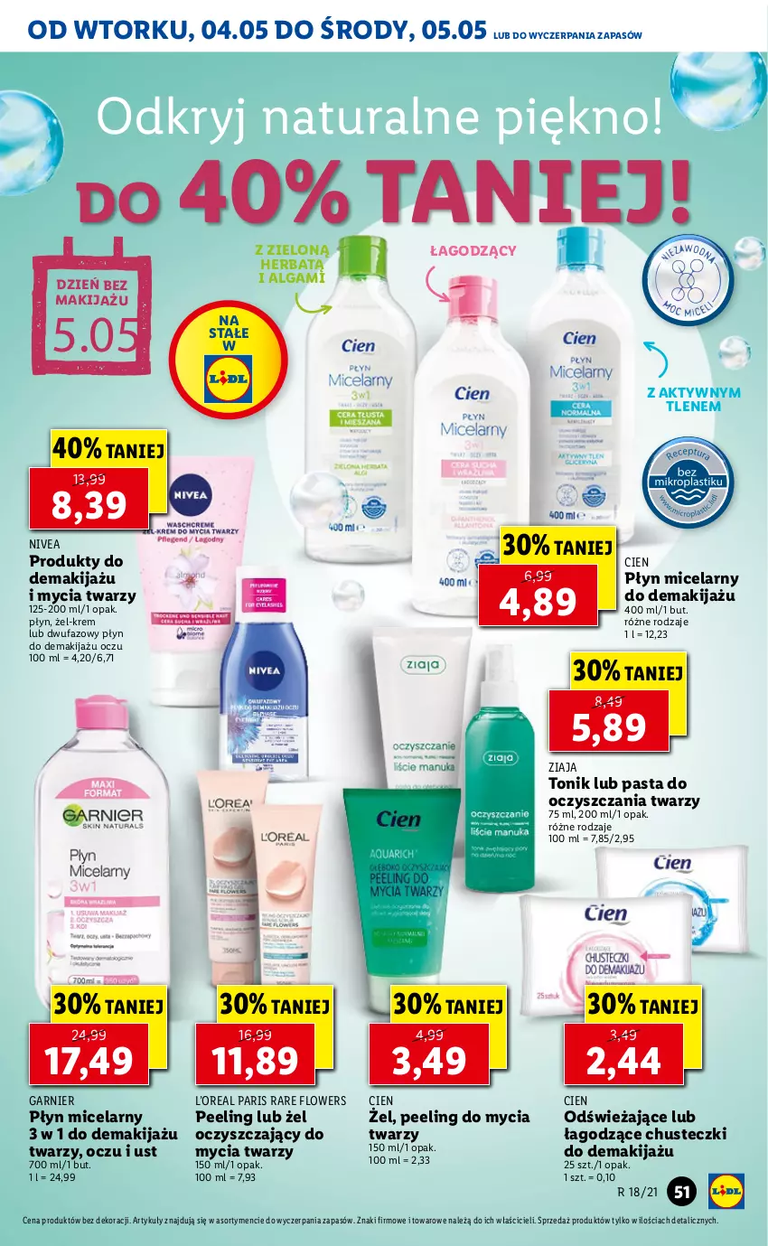 Gazetka promocyjna Lidl - GAZETKA - ważna 04.05 do 05.05.2021 - strona 51 - produkty: Chusteczki, Fa, Garnier, LG, Makijaż, Nivea, Peeling, Płyn micelarny, Tonik, Ziaja