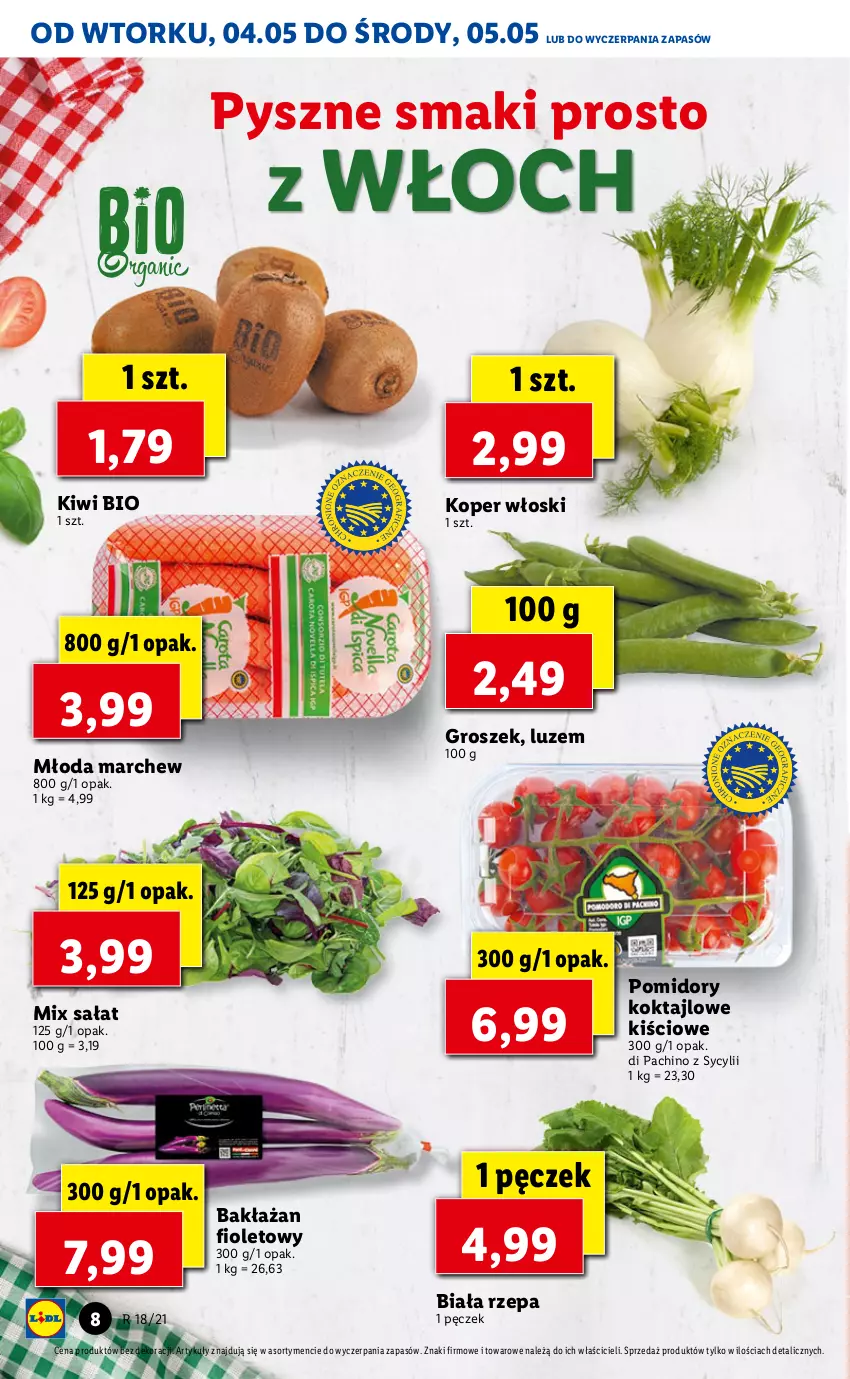 Gazetka promocyjna Lidl - GAZETKA - ważna 04.05 do 05.05.2021 - strona 8 - produkty: Groszek, Kiwi, Koper włoski, Pomidory, Sałat