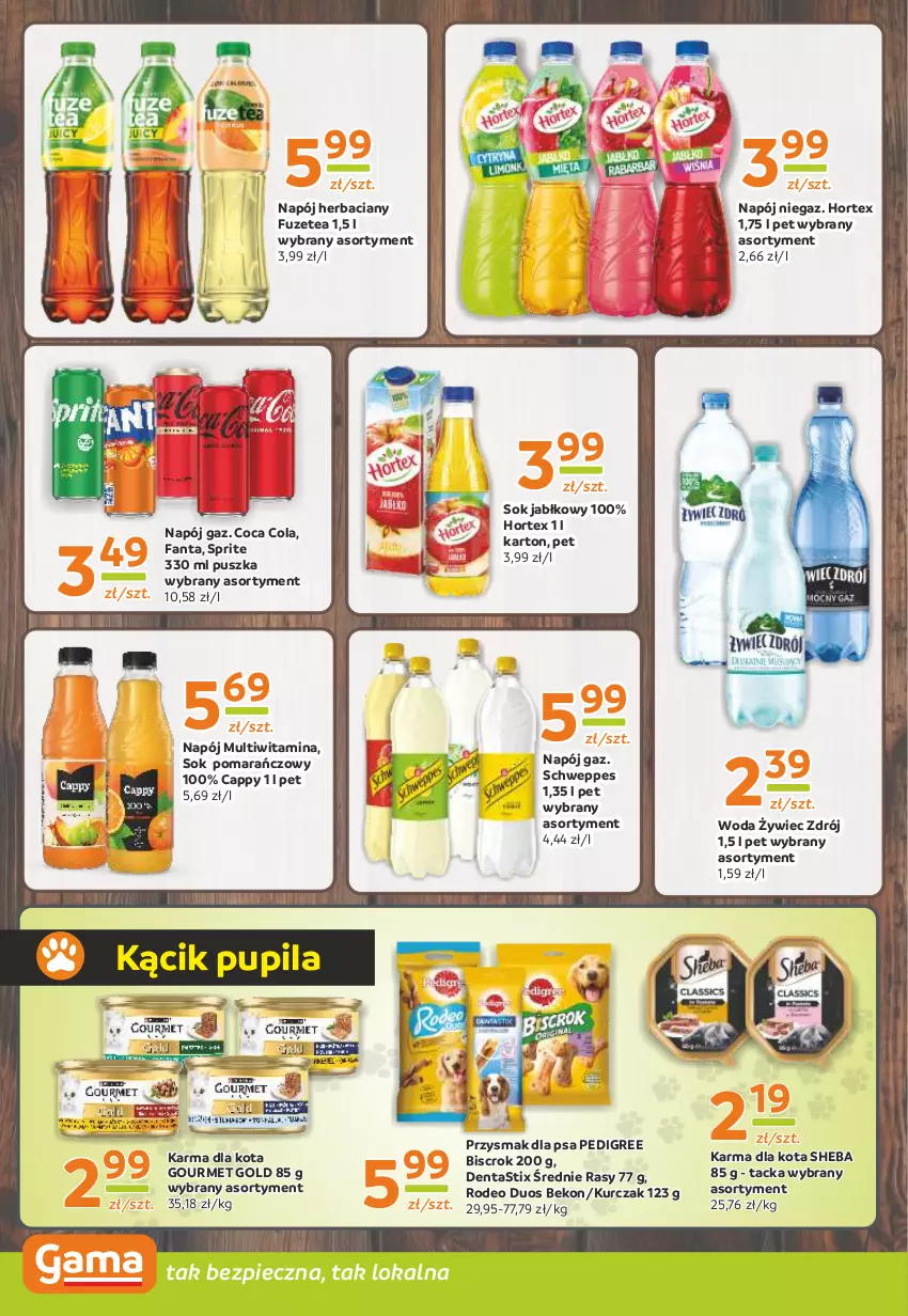 Gazetka promocyjna Gama - Gazetka Gama - ważna 03.06 do 11.06.2024 - strona 10 - produkty: Beko, Cappy, Fa, Fanta, Gourmet Gold, Hortex, Kurczak, Napój, Pedigree, Piec, Przysmak dla psa, Schweppes, Sheba, Sok, Sok jabłkowy, Sok pomarańczowy, Sprite, Woda