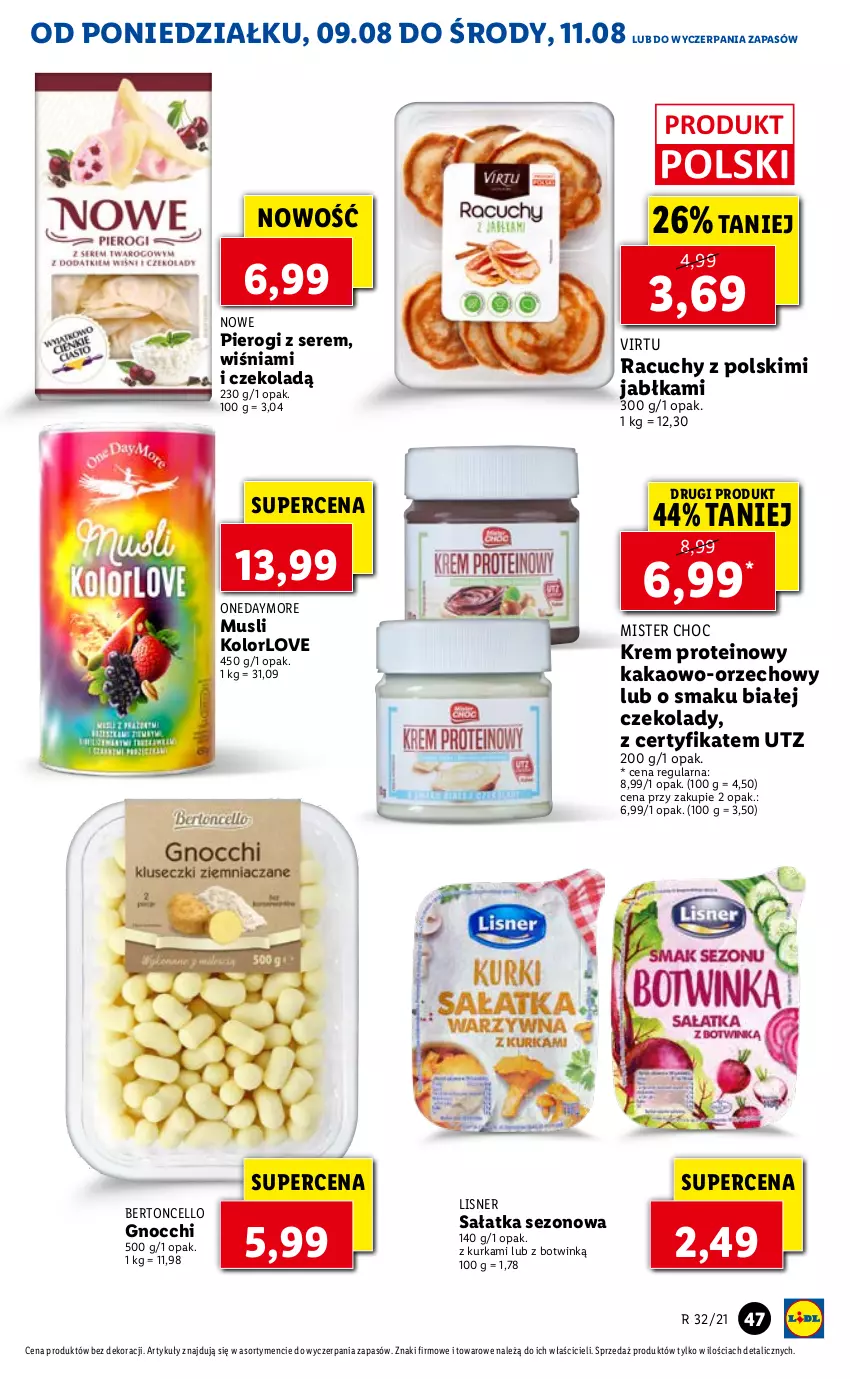 Gazetka promocyjna Lidl - GAZETKA - ważna 09.08 do 11.08.2021 - strona 47 - produkty: Gnocchi, Jabłka, Kakao, Lisner, Mus, Pierogi, Sałat, Sałatka, Ser, Virtu