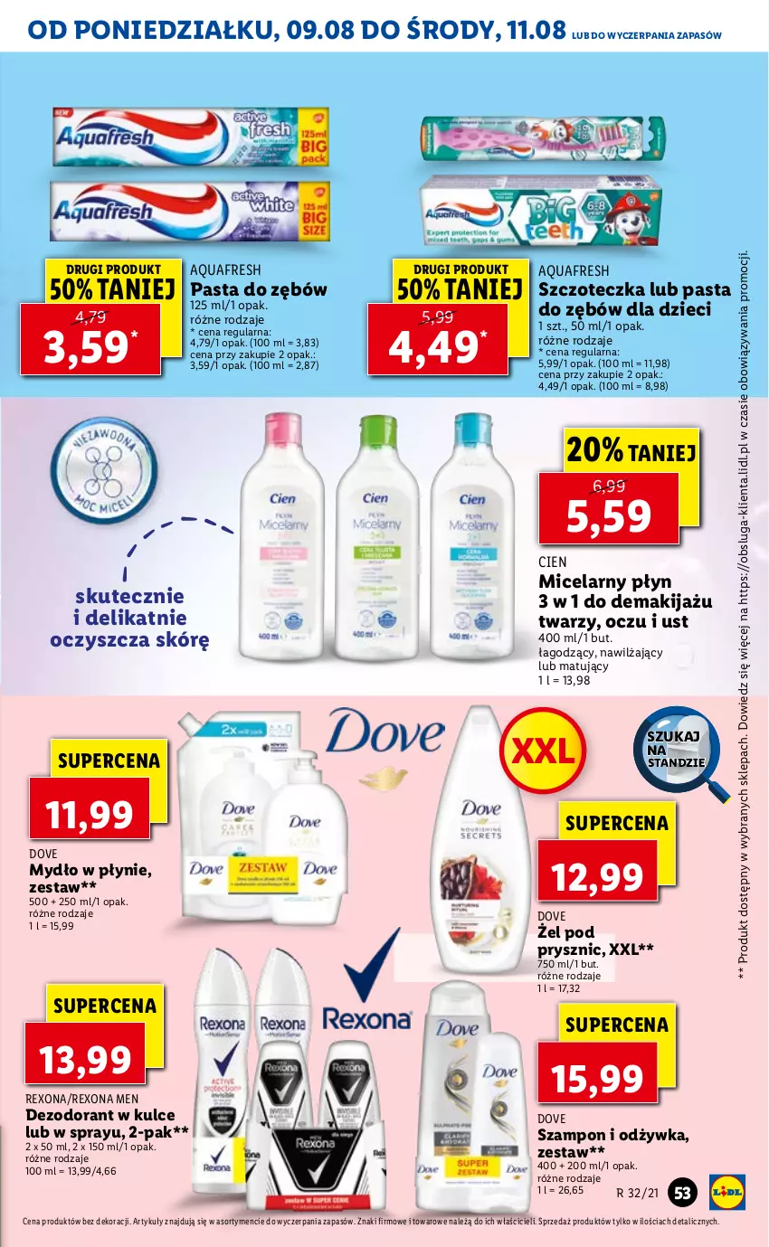 Gazetka promocyjna Lidl - GAZETKA - ważna 09.08 do 11.08.2021 - strona 53 - produkty: Aquafresh, Dezodorant, Dove, Dzieci, Makijaż, Mydło, Mydło w płynie, Odżywka, Pasta do zębów, Rexona, Szampon, Szczoteczka