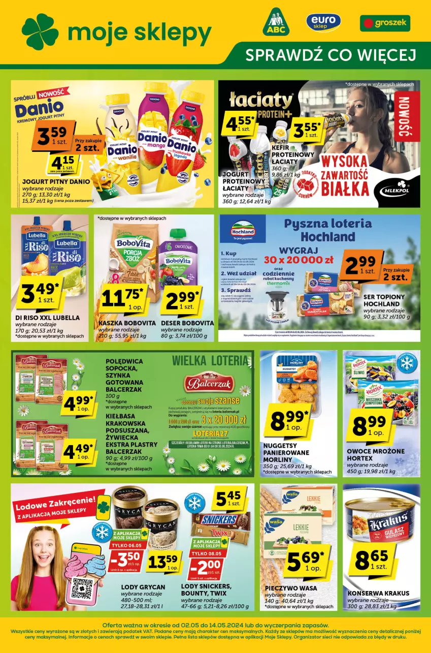 Gazetka promocyjna ABC - ważna 02.05 do 14.05.2024 - strona 1 - produkty: Bell, Bella, BoboVita, Bounty, Danio, Fa, Gra, Gry, Hochland, Hortex, Jogurt, Jogurt pitny, Kiełbasa, Krakus, Lody, Lubella, Morliny, Owoce, Polędwica, Robot, Ser, Snickers, Sos, Szynka, Twix, Wasa