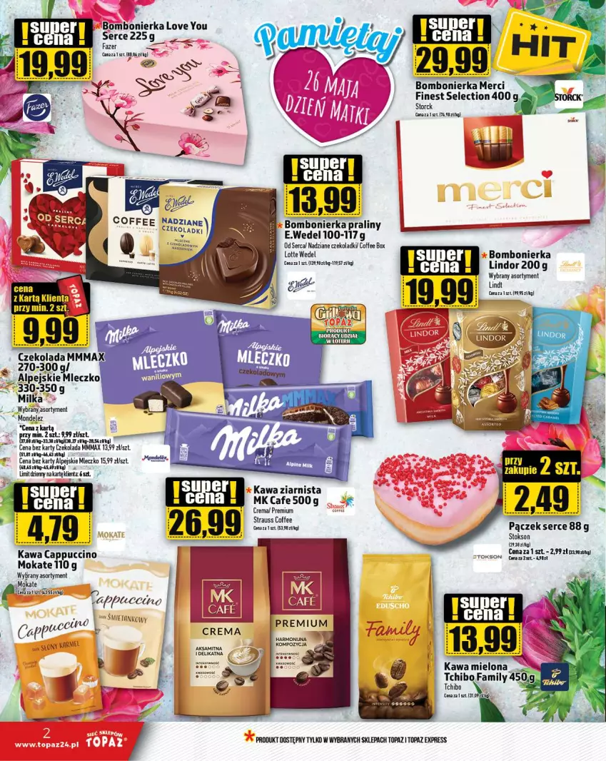 Gazetka promocyjna Topaz - Gazetka - ważna 23.05 do 29.05.2024 - strona 2 - produkty: Cappuccino, Czekolada, Fa, Karmi, Kawa, Kawa ziarnista, Lindor, Merci, Mleczko, Pączek, Praliny, Ser, Tchibo, Top