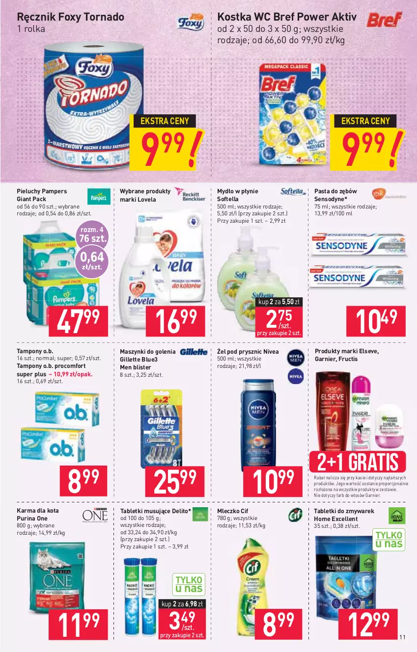 Gazetka promocyjna Stokrotka - Market - ważna 19.08 do 25.08.2021 - strona 11 - produkty: Bref, Cif, Elseve, Fa, Foxy, Fructis, Garnier, Gillette, Gra, Lovela, Mleczko, Mus, Mydło, Mydło w płynie, Nivea, O.B., Pampers, Pasta do zębów, Pieluchy, Por, Pur, Purina, Ręcznik, Sensodyne, Tablet, Tabletki musujące, Tampony