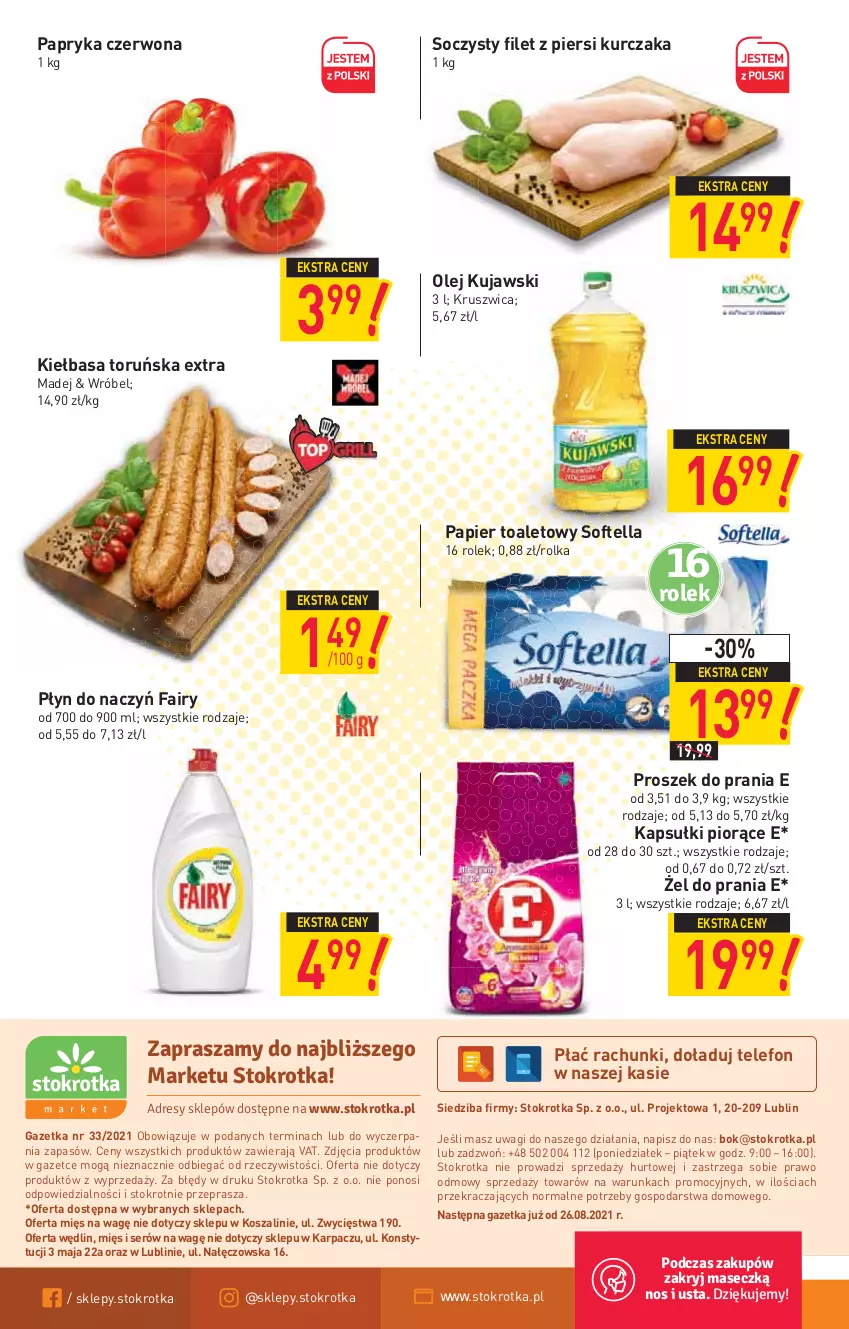 Gazetka promocyjna Stokrotka - Market - ważna 19.08 do 25.08.2021 - strona 12 - produkty: Fa, Fairy, Filet z piersi kurczaka, Karp, Kiełbasa, Kosz, Kujawski, Kurczak, O nas, Olej, Papier, Papier toaletowy, Papryka, Papryka czerwona, Proszek do prania, Ser, Szal, Telefon, Wagi