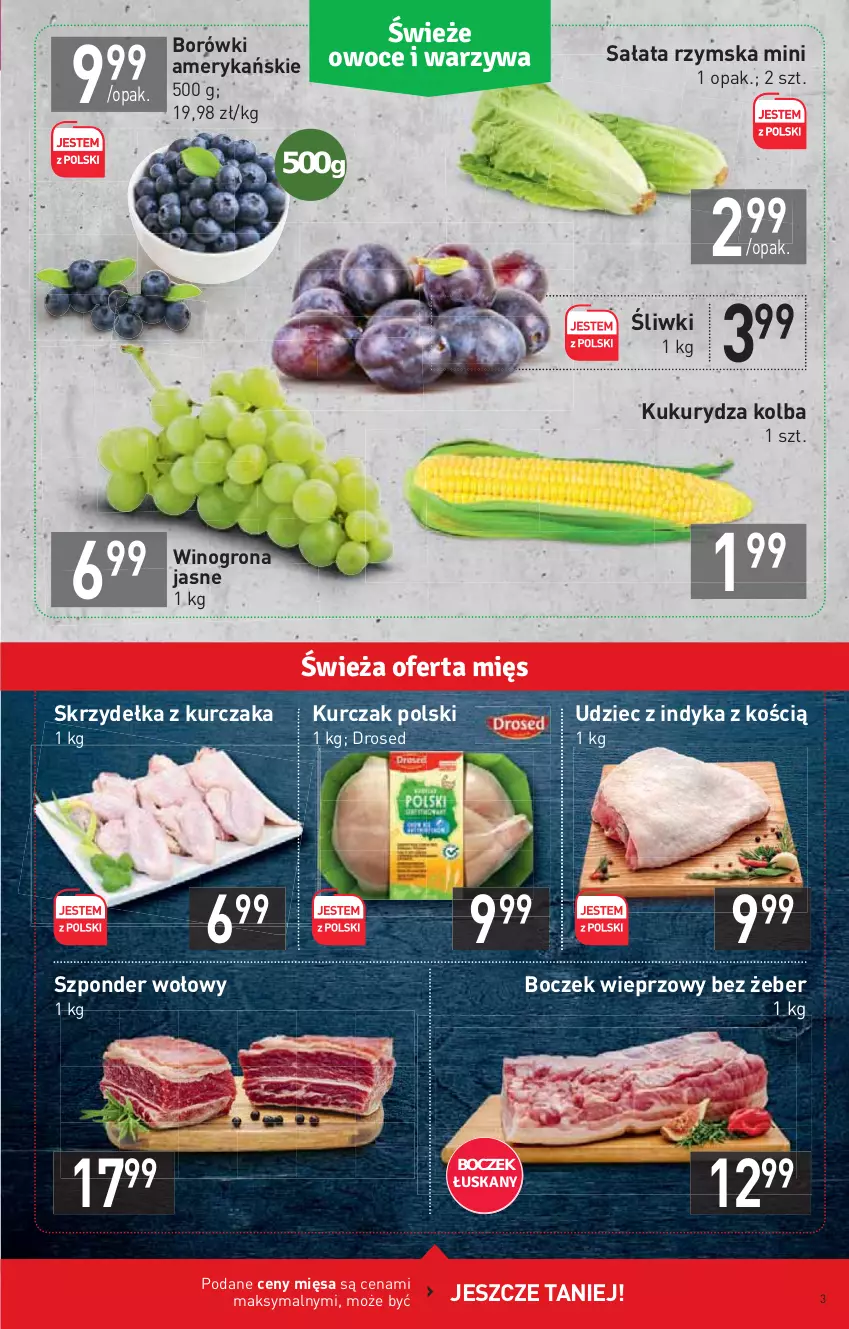 Gazetka promocyjna Stokrotka - Market - ważna 19.08 do 25.08.2021 - strona 3 - produkty: Boczek, Boczek wieprzowy, Kukurydza, Kurczak, Sałat, Skrzydełka z kurczaka, Szponder wołowy, Udziec z indyka, Wino, Winogrona