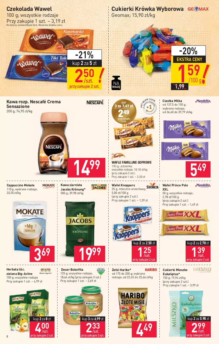 Gazetka promocyjna Stokrotka - Market - ważna 19.08 do 25.08.2021 - strona 8 - produkty: BoboVita, Cappuccino, Ciastka, Cukier, Cukierki, Czekolada, Deser, Fa, Haribo, Herbata, Jacobs, Jacobs Krönung, Jutrzenka, Kawa, Kawa ziarnista, Knoppers, Milka, Nescafé, Prince Polo, Ser, Wafle, Wawel, Wyborowa