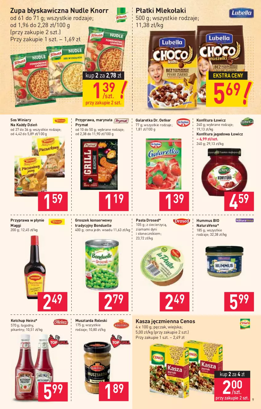 Gazetka promocyjna Stokrotka - Market - ważna 19.08 do 25.08.2021 - strona 9 - produkty: Bonduelle, Cenos, Dr. Oetker, Gala, Galaretka, Groszek, Heinz, Hummus, Kasza, Kasza jęczmienna, Ketchup, Knorr, Konfitura, Maggi, Mleko, Mus, Musztarda, Prymat, Przyprawa w płynie, Ser, Sos, Winiary, Zupa